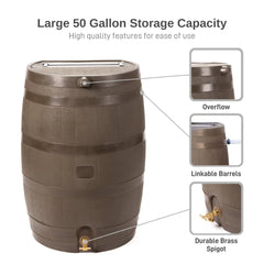 50 Gallon Flat Back Rain Barrel Polyethylene Rainwater Collection System with Durable Brass Spigot UV Resistant Garden Watering