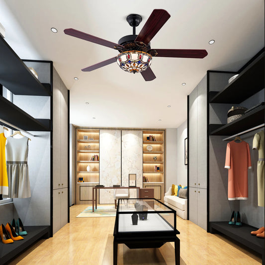 52'' Tiffany Ceiling Fan with 3 Lights + Remote Control Wooden Ceiling Fan