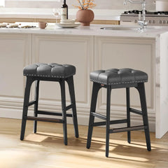 Bar Stools Set of 2, Counter Height Saddle Bar Stools, 26-Inch Backless Kitchen Stools with Wood Legs, PU Leather Thickened