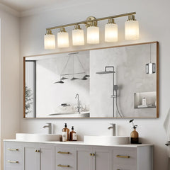 39" Modern 6-Light Vanity Wall Light Sconce for Bathroom Golden Finish Frosted Glass Shades Bathroom Lighting Fixture No Bulbs