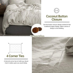 Simple&Opulence 100% Linen 3Pcs Bedding Set  Natural Flax Breathable King Size with Coconut Button Comforter Duvet Cover Set