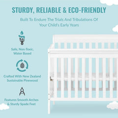 4-in-1 Mini Convertible Crib And Changer in White, Non-Toxic Finish, New Zealand Pinewood, 1" Mattress Pad