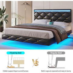 King Size Floating Bed Frame with LED Lights & USB Ports, Faux Leather Upholstered Platform Bed