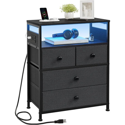 Nightstand with Charging Station, Bedside Table with 4 Drawers and 2-Tier Shelf, Modern End Table with Wooden Top for Bedroom,