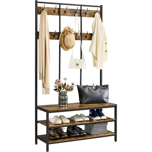 Hall Tree Entryway Coat Rack with Bench, Large Hall Tree with Wooden Shoe Storage & 24 Hooks for Entryway, Sturdy Meta