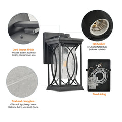 14"(H) 1-pack Black Outdoor Wall Lantern with Crackled Glass, Weather-Resistant Exterior Light Fixture (Bulb Not Included)