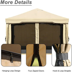 12x12 FT Outdoor Aluminum Gazebo with Privacy Curtains and Netting, Brown Canopy Shelter for Patio, Garden, Yard, Lawn