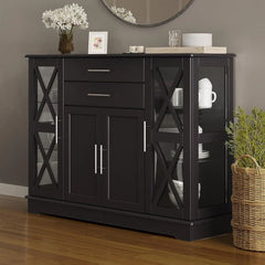 Sideboard Buffet, 47 Inch Storage Console Table Coffee Bar Kitchen Cupboard Pantry Glass Display Cabinet for Lving Entryway