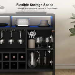 Fluted Home Bar Wine Cabinet with LED Light, Charging Station, Wine Rack - Buffet Cabinet with Storage, Coffee Bar Table
