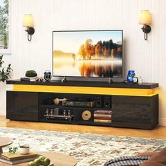 Modern Gaming TV Stand with RGB LED Lights & Power Outlet – 74” High Gloss Entertainment Center