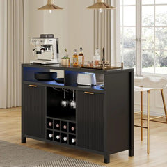 Fluted Home Bar Wine Cabinet with LED Light, Charging Station, Wine Rack - Buffet Cabinet with Storage, Coffee Bar Table
