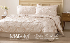 MR&HM Satin Comforter King 7 Pieces - Luxurious Pinch Pleat Bedding Set with Comforter, Flat Sheet, Fitted Sheet, Pillowcases &