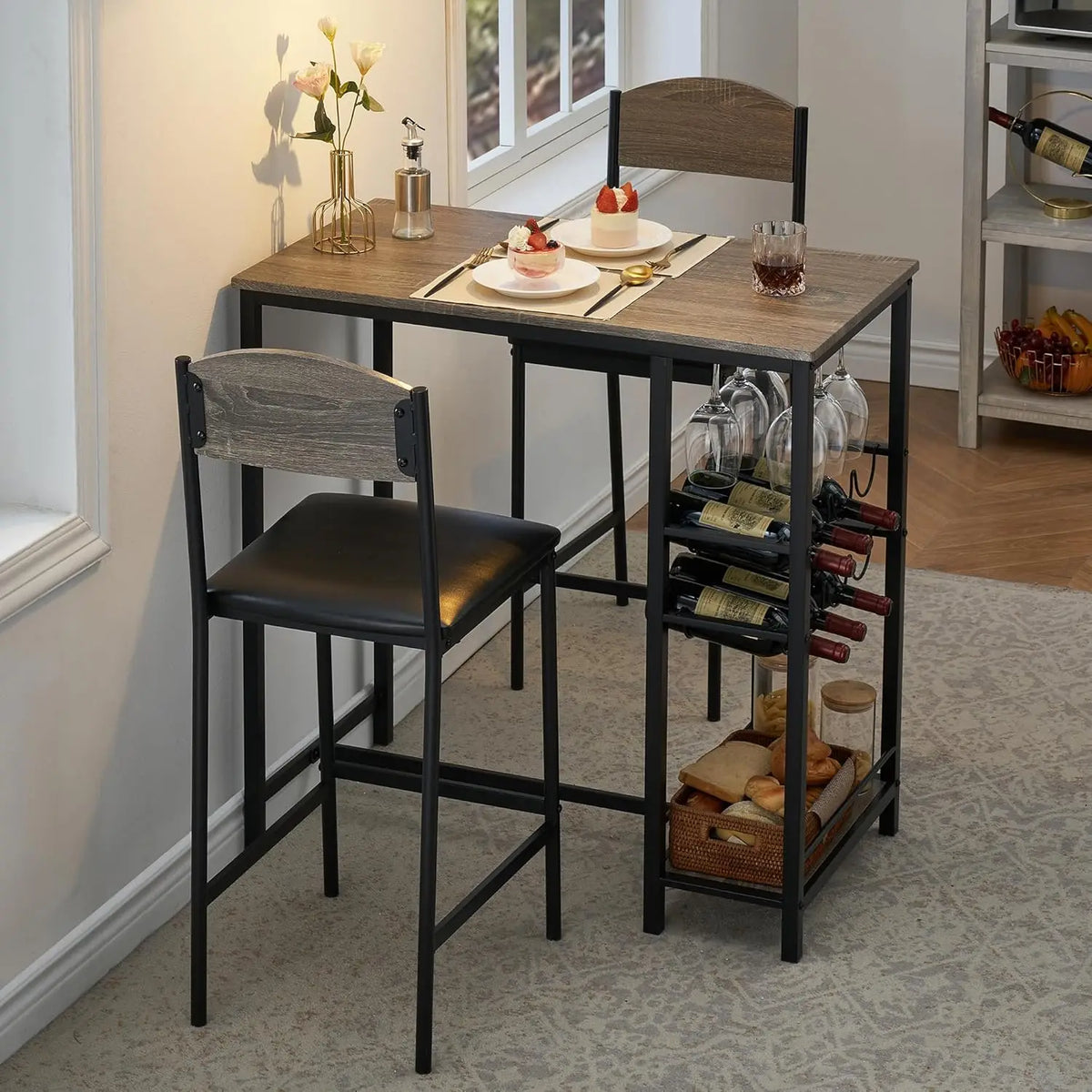Bar Table Set for 2 with Footrest, Kitchen Dining Table with 2 Upholstered Chairs, Small Space Counter Height Bar Stools