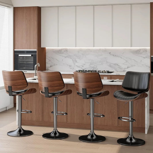 Swivel Bar Stools Set of 4, Adjustable Bentwood Barstools for Kitchen Counter, Modern PU Leather Upholstered Bar Chair