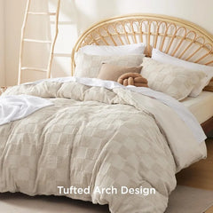 Boho Duvet Cover King Size - Checkered King Duvet Cover Set for All Seasons, 3 Pieces Soft Shabby Chic Embroidery Boho Bedding