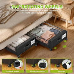 Under Bed Storage with Wheels,  Under Bed Storage Containers, Under The Bed Storage Organizer with Clear Lids - Rolling Drawers