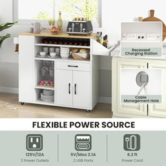 Kitchen Island Cart with Drop-Leaf & Power Outlet, Rolling Kitchen Cart on Wheels with Wine Rack, Glass Holder, Drawer,