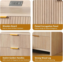 Fluted Nightstand Set of 2, 23.6" Night Stand with Charging Station,Modern Side Table with 2 Drawers,Bedside Table for Bedroom,