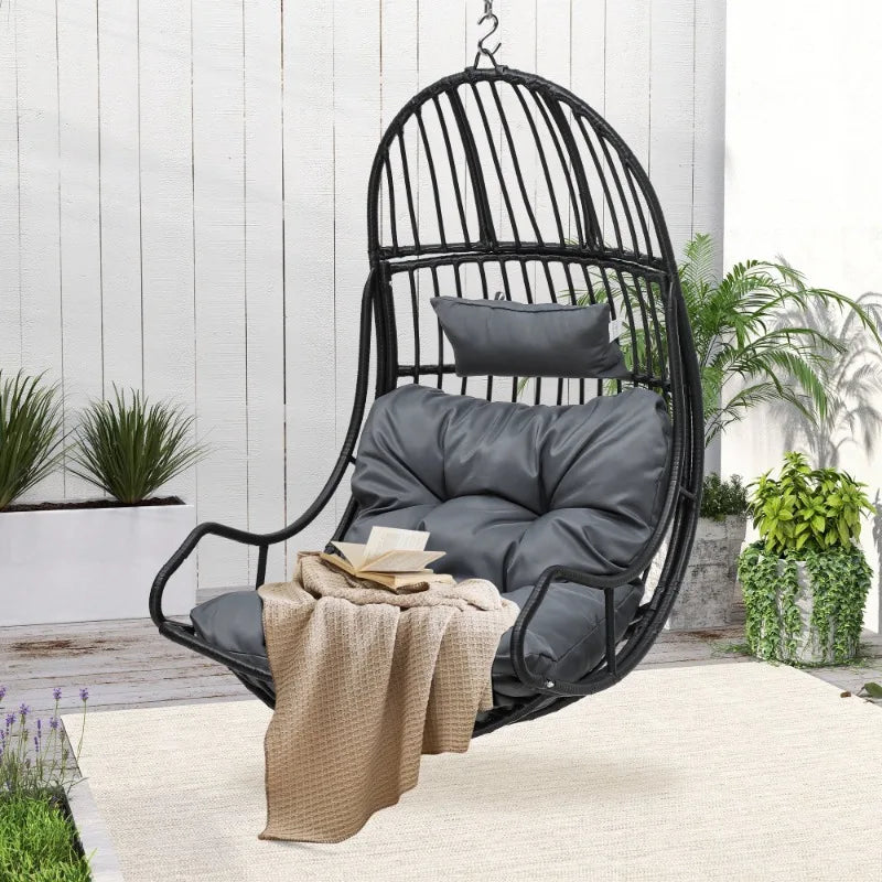Swing Egg Chair, Indoor/Outdoor Egg Swing Hammock Chair with Iron Chain, Cushion, Headrest, Hanging Egg Chair for Porch, Gray