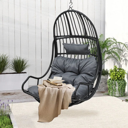 Swing Egg Chair, Indoor/Outdoor Egg Swing Hammock Chair with Iron Chain, Cushion, Headrest, Hanging Egg Chair for Porch, Gray