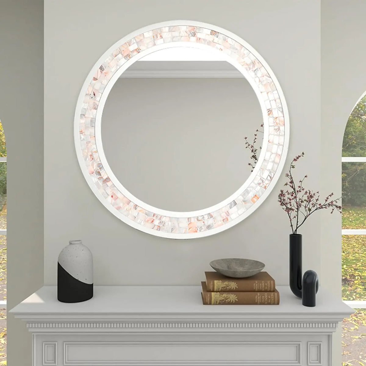 White Mirrors for Wall , Natural Mother of Pearl Inlay Mosaic Framed Rectangle Mirror for Bathroom, Bedroom or Entryway