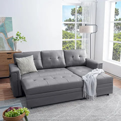 Sofa Bed with USB Ports, L-Shaped Convertible Pull-Out Couch with Reversible Chaise & Storage, Air Leather