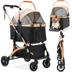 Dog Buggy 2 in 1 Stroller Dog Box Transport Foldable Cat Stroller, 360° Wear-resistant Rubber Wheels, with Storage Basket, 40kg
