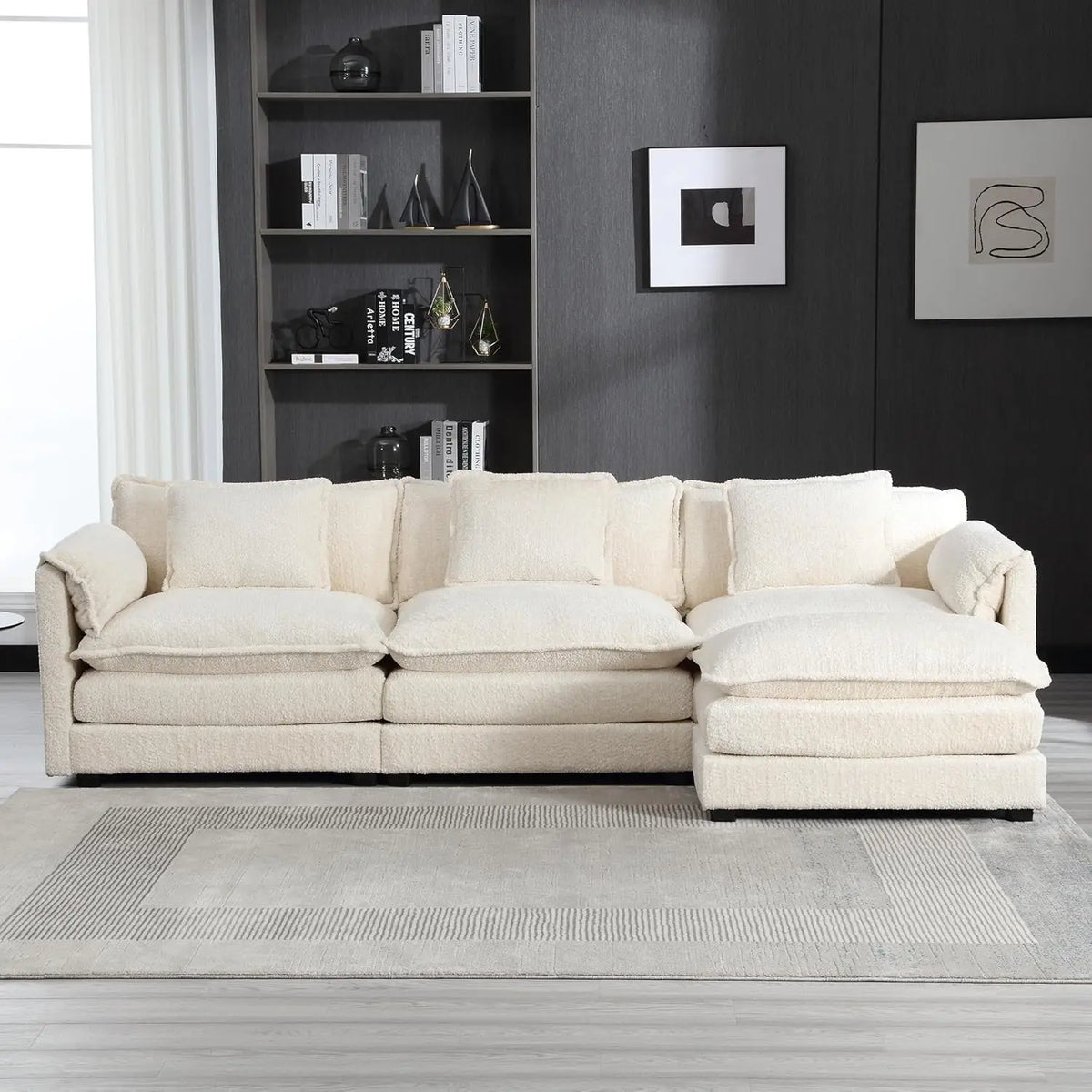 Modern Chenille L-Shaped Sectional Sofa with Moveable Ottoman & Memory Foam