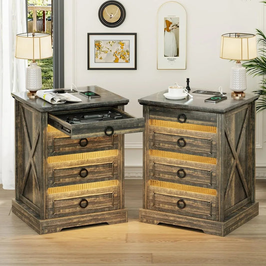 Bedside Table Set of 2 with Charging Station, LED Night Stand with Gun Drawer, Farmhouse Nightstands for Bedroom, End Table Rust