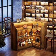 L-Shaped Home Bar Table with Stemware Racks, 4-Tier Corner Unit Liquor Wine, Brown,  Wine Cabinets