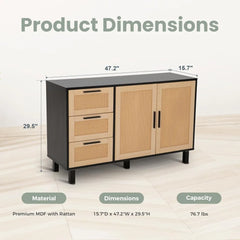 Rattan Cabinet with Doors - Buffet Sideboard Cabinet with Drawers Credenza, 3 Door Storage Cabinet