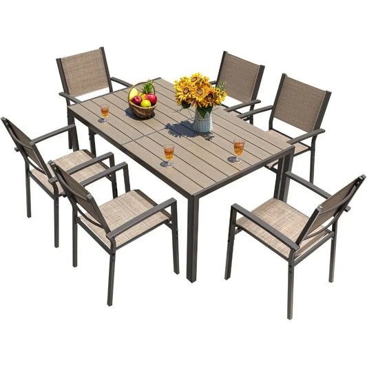 7 Pieces Patio Dining Set Outdoor Furniture with 6 Stackable Textilene Chairs and Large Table for Yard,Garden,Porch and Poolside