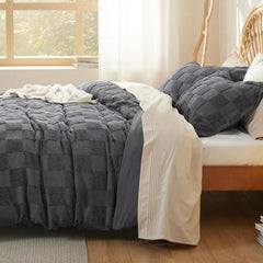 Boho Duvet Cover King Size - Checkered King Duvet Cover Set for All Seasons, 3 Pieces Soft Shabby Chic Embroidery Boho Bedding