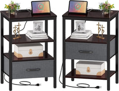 Nightstand Set of 2, Bed Side Tables with Charging Station, Adjustable Fabric Drawer, Night Stand for Bedroom