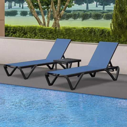 Pool Lounge Chairs Set of 3, Adjustable Aluminum Outdoor Chaise Lounge with Side Table, Sun Loungers