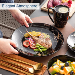 Plates and Bowls Sets for 4, Black Dinnerware Sets 16 Piece Gold Splash Glaze Round Dish Set, Porcelain Plate