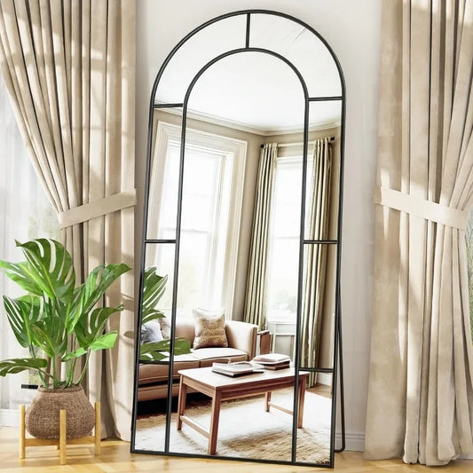 Arched Full Length Mirror, 65" x 22" Window Art Decorative Floor Mirrors, Metal Framed Decor Farmhouse Floor Mirror Art Pane