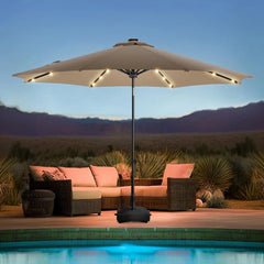 11FT Solar LED Patio Umbrella with Base Outdoor Market Umbrella Adjustable Crank Tilt System Waterproof UV Resistant 32 Lights