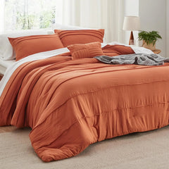 Bedsure King Comforter Set - 4 Pieces Grid Pleat Bed Set, Beige Boho Bedding for All Season, 1 Soft Comforter, 2 Pillowcases, 1
