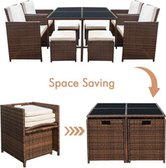 9 Pieces Patio Dining Sets Outdoor Space Saving Rattan Chairs with Glass Table Patio Furniture Sets Cushioned Seating (Beige)