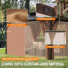 12'x16 'hard Top Pavilion, Outdoor Polycarbonate Double Roof Pavilion with Aluminum Frame, Mesh, and Curtains Gazebo