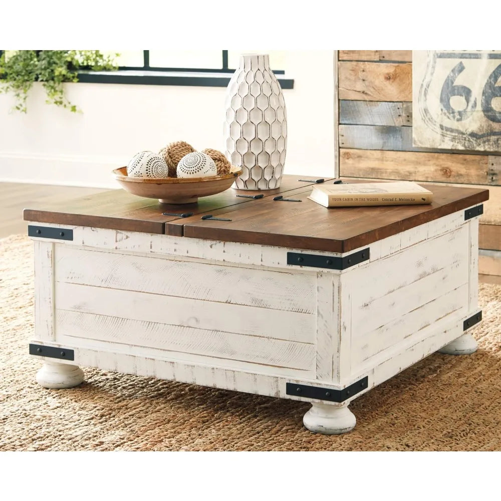 Farmhouse Square Storage Coffee Table with Hinged Lift Top – Rustic White