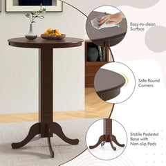 3 Piece Wood Bar Table Set for 2, Round Pub Table with Pedestal Base & 2 Upholstered Swivel Stools with Footrest