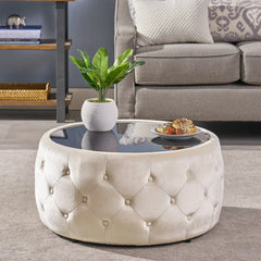 Velvet Ottoman Coffee Table – Tufted Center Table with Tempered Glass for Living Room