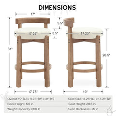 Mid Century Modern Bar Stools Set of 2, Counter Stools with Back, Linen Upholstered Barstools with Solid Wood Legs Bar Chairs