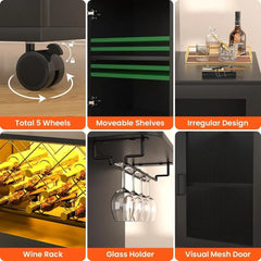 Wine Bar Cabinet with Wheels, Small Liquor Cabinet with LED Light, Coffee Bar with Wine Rack, Home Bar Cart with Power Outlets