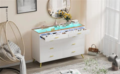 Dresser with LED Lights for Bedroom,8 Drawer Dressers with Tempered Glass Top,Chests of Drawers with 2 Grid Drawer,Living Room