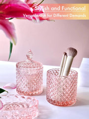 Pink Bathroom Accessories Set, 5Pcs Clear Glass Bathroom Set with Soap Dispenser, Soap Dish, Toothbrush Holder Set, Tumbler, Cot