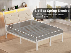 Queen Bed Frame with Headboard and LED Lights, Ergonomic Upholstered Queen Platform Bed Fame with Charging Station & Storage