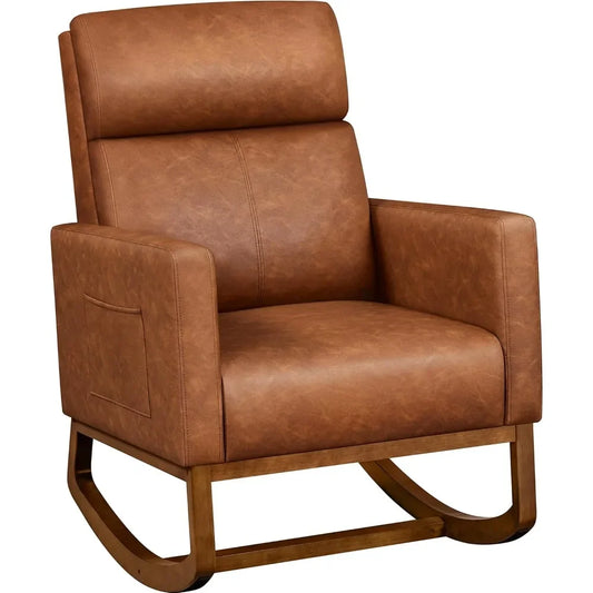 Leather Living Room Chair, Rocking Accent Chairs, , Accent Rocker Armchair, Nursery Glider Chair with High Back and Side Pocket